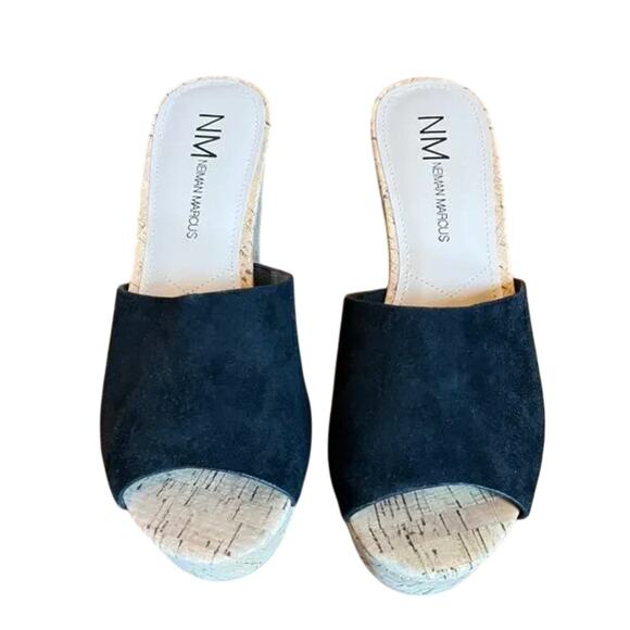 Neiman Marcus Black Suede Cork-Heeled Platform Sandals- SIZE 8M - Picture 2 of 11